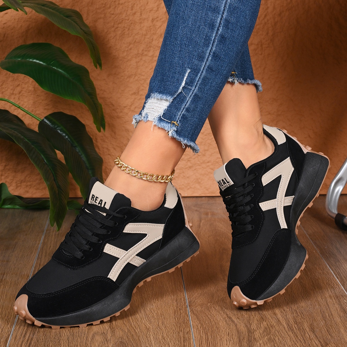 Women's Sporty Thick Sole Low-Top Shoes, Fashion Casual Breathable Round Toe Lace-Up Shoes