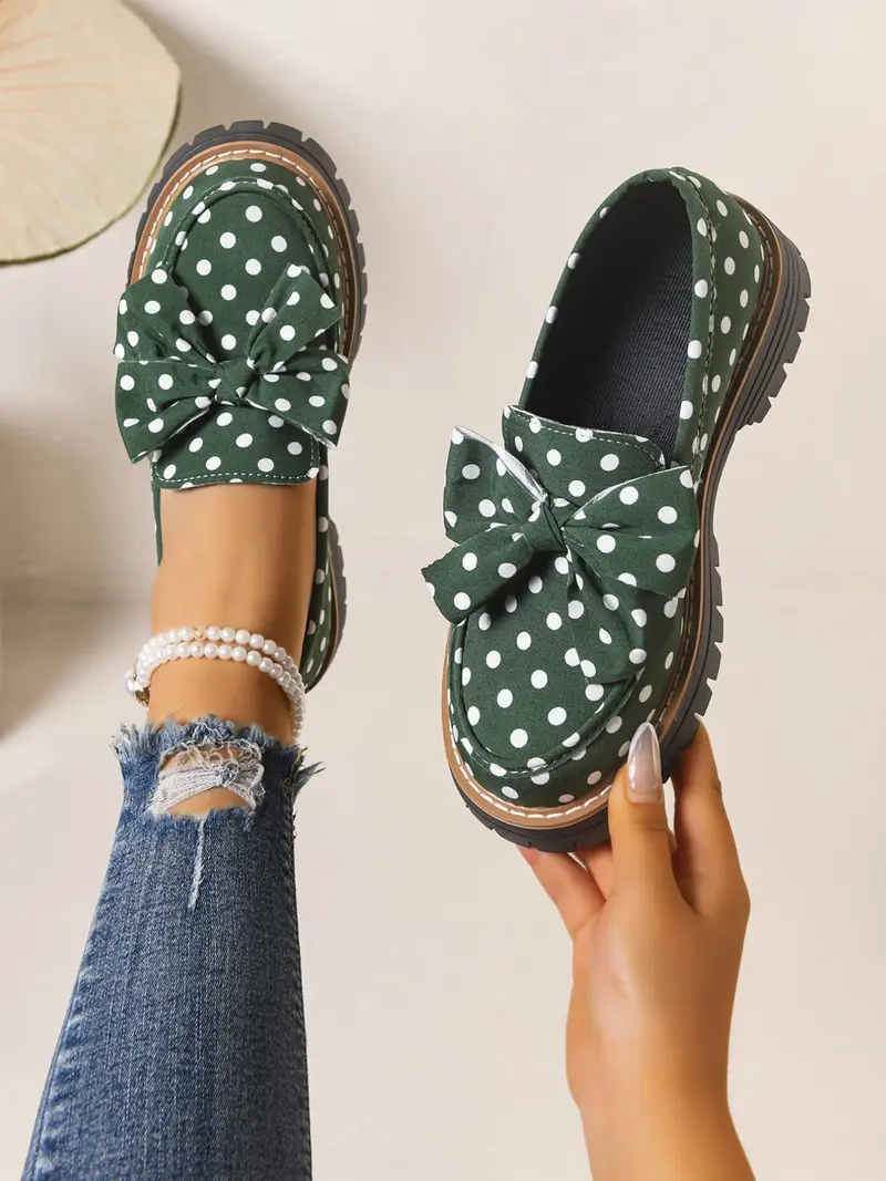 2026 Spring Summer Polka Dot Bow Tie British Style Classic Flatform Loafers Thick Sole Women's Leather Shoes