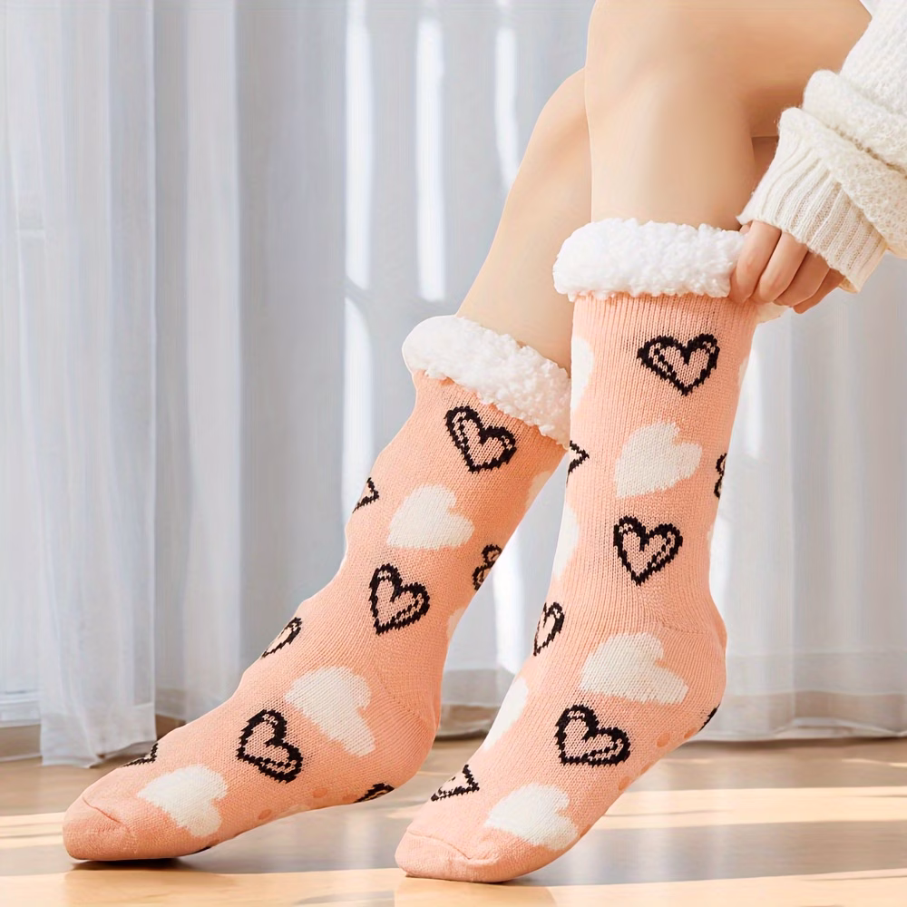 1 Pair of Christmas Plush-lined Thermal Socks, Soft and Comfortable Mid-calf Socks, Women's House Slippers and Socks
