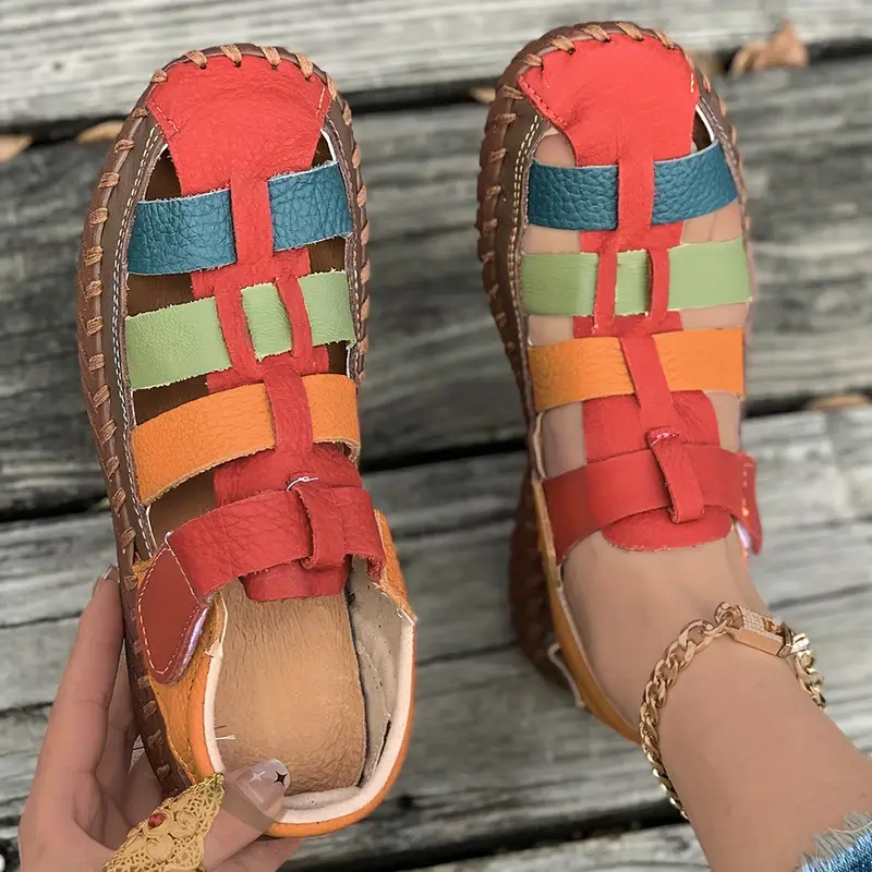 Ladies' colored striped flat loafers - soft rubber soles, round toe, ankle strap casual and driving shoes
