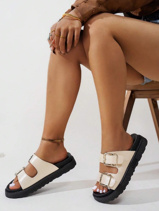 Leopard Print Thick Bottom Soft Bottom Buckle Decorated Open Toe Flat Sandals