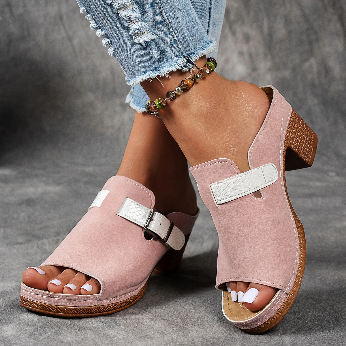 Women's Adjustable Hook-and-Loop Strappy Wedge Sandals - Open Toe Thick Sole with Double Buckle Design, Faux Cover Upper & PU Sole