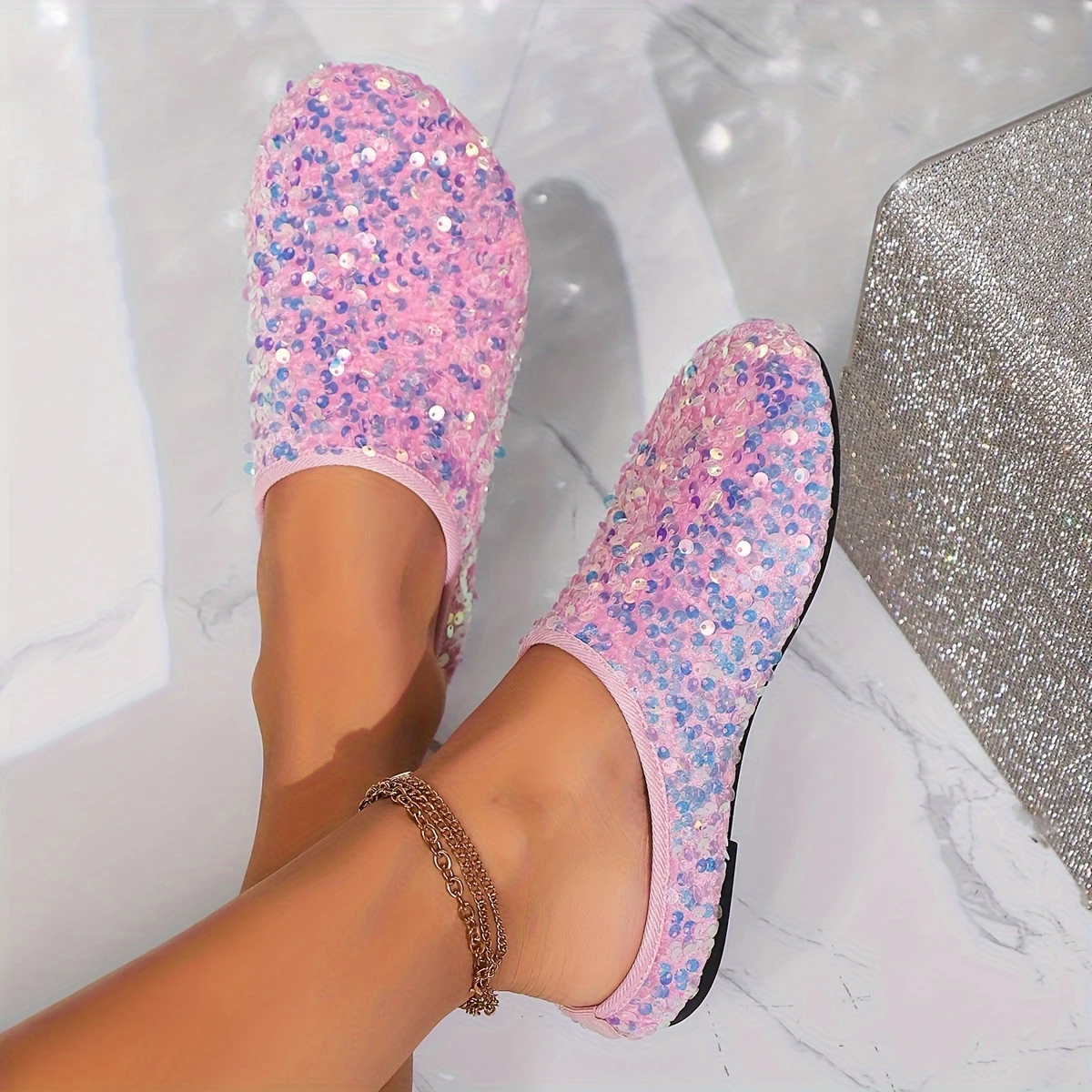 Breathable Sequin Half-Slip Flats - Comfortable Women's Shoes - TPR Sole
