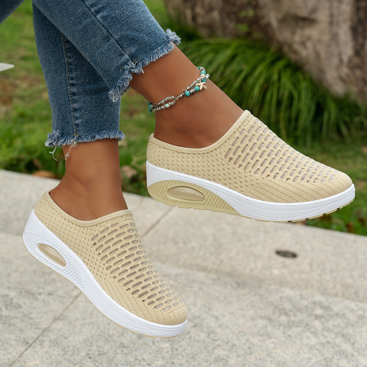  Hands-Free Slip-On Sneakers - Lightweight Knit Upper, EVA Cushioned Sole, Breathable Casual Walking Shoes in Blue with Mesh Pattern