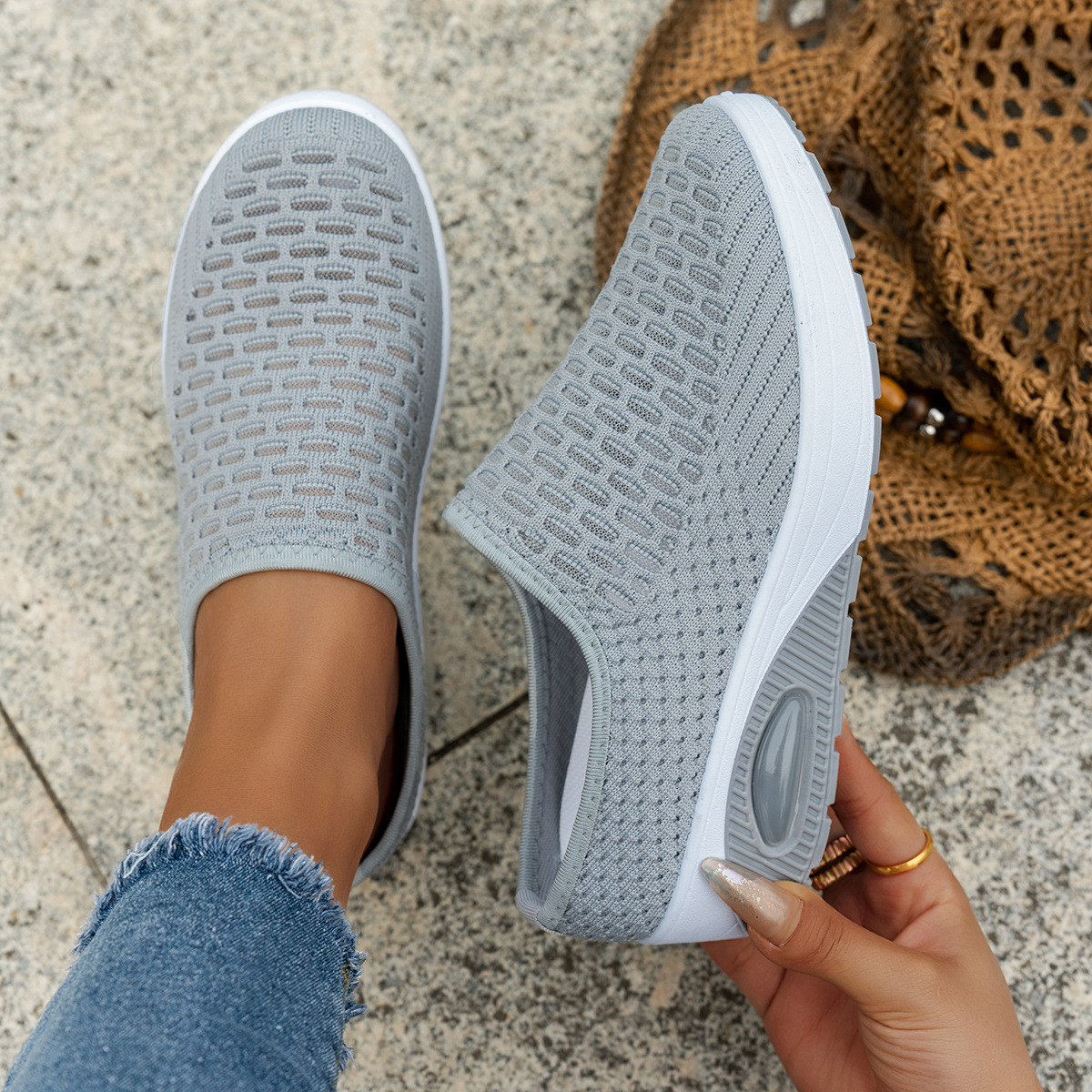  Hands-Free Slip-On Sneakers - Lightweight Knit Upper, EVA Cushioned Sole, Breathable Casual Walking Shoes in Blue with Mesh Pattern
