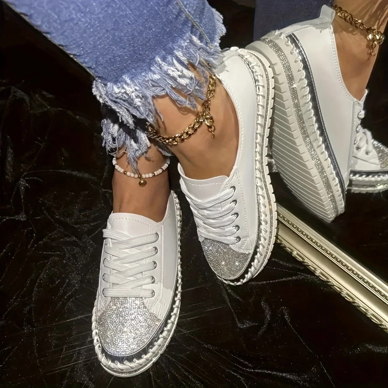 Glittering Rhinestone orthopedic Women's Sneakers, Fashionable Platform Casual Shoes, Plus Size