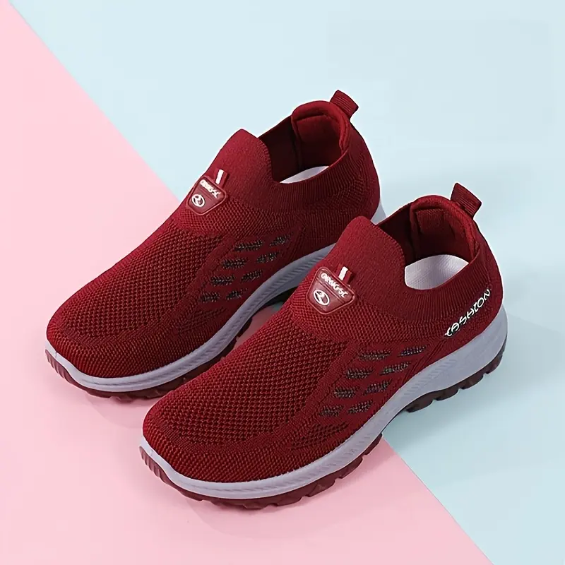 Women's Light Gray & Purple Knit Slip-On Walking  Breathable Mesh Cutout Comfort Shoes Sneakers 