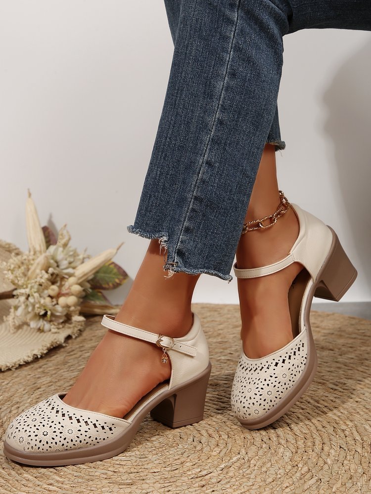 Women's Fashionable Solid Color Hollow Out Design Mary Janes Pumps Sandals