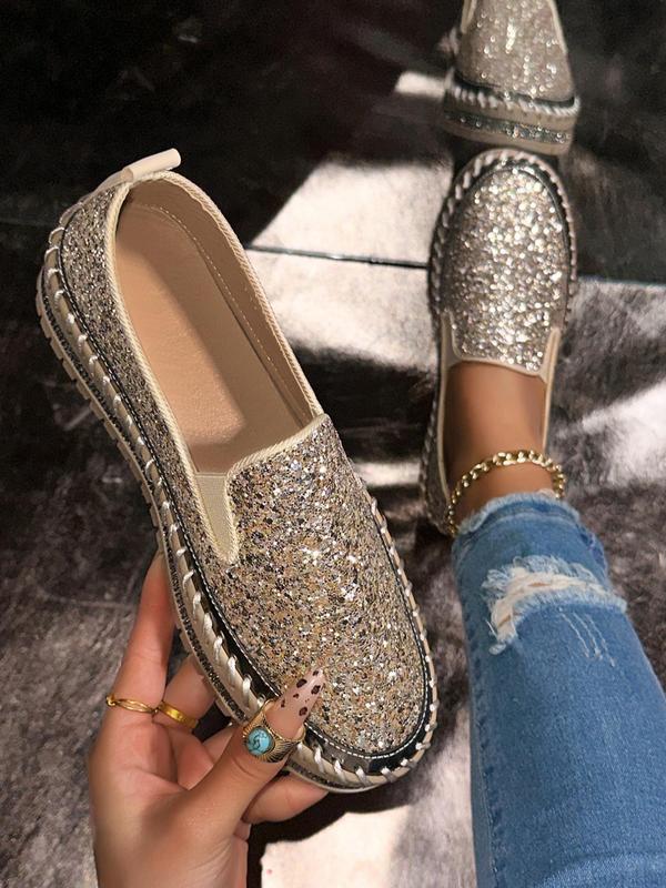Women's Fashionable Glitter Rhinestone Decorated Slip on Loafers Casual Comfortable Low Top Shoes 