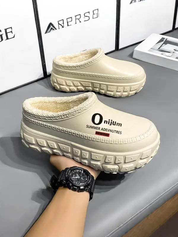 Men's Letter Pattern Plush WarmSlippers,Casual Comfortable Home Slippers,Non-slip Thick Sole Slippers for Indoor & OutdoorWear