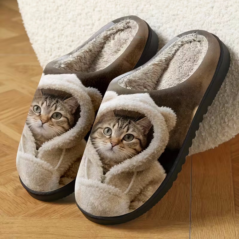 Cozy Cat Print Slip-On Slippers 
