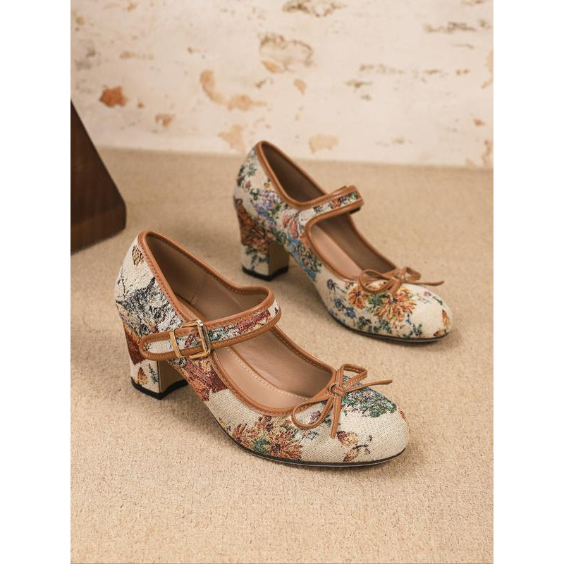 Elegant Women's Mary Jane High Heels, Unique Print Cute Bowknot, Fashion Round Toe Chunky Heel, Comfortable Dual Strap Design
