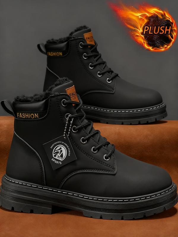 Men's Plain Color British Style Mid-Calf Boots, Fleece Lined Warm, Fashionable Outdoor & Daily Wear, Sporty PU Material, Fall&winter