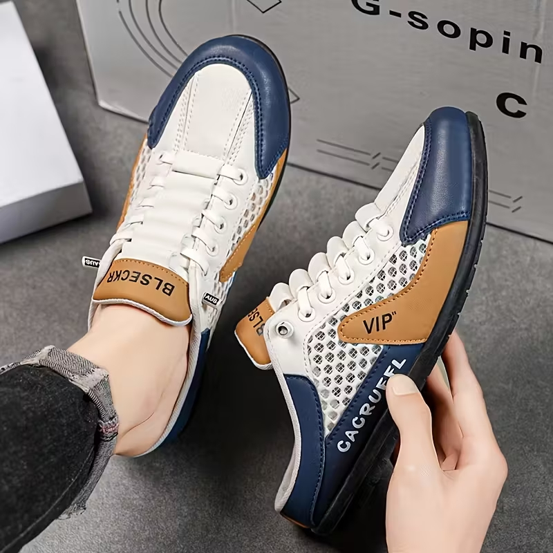 Men's Stylish Slip-On Sneakers - Breathable Fabric, Comfortable PVC Sole, Casual & Sporty Design with Blue & Beige Accents for Outdoor, Daily Wear & Vacation