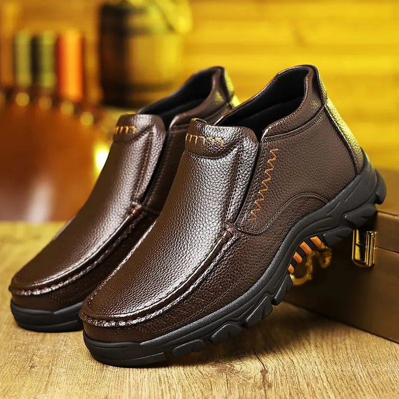 Autumn And Winter New Men's High-top Slip-on Casual Leather Shoes Thick Sole Non-slip Business Casual Shoes