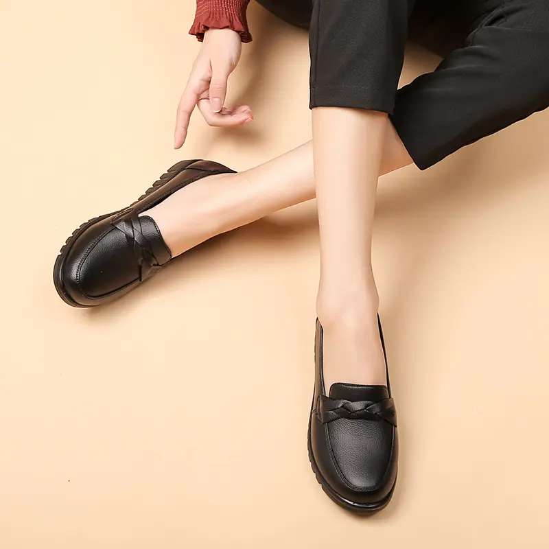 Women's Black Slip-On Work Flats with Braided Detail Non-Slip Comfort Sole Soft Cushioned Insole 