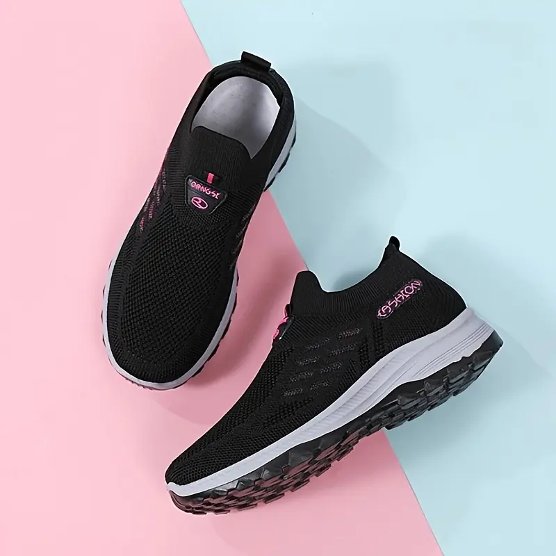 Women's Light Gray & Purple Knit Slip-On Walking  Breathable Mesh Cutout Comfort Shoes Sneakers 