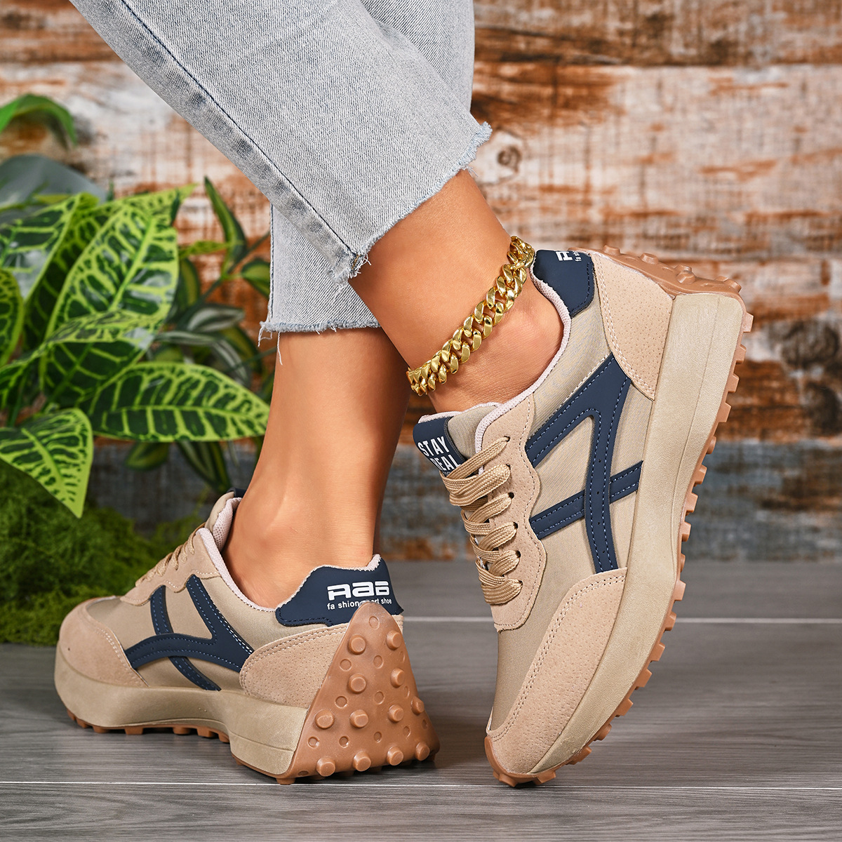 Women's Sporty Thick Sole Low-Top Shoes, Fashion Casual Breathable Round Toe Lace-Up Shoes