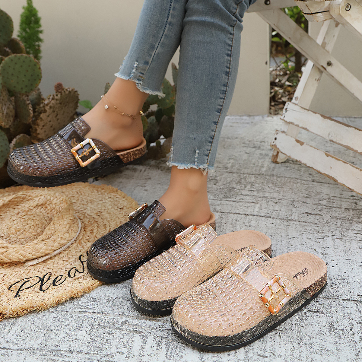 Women's Pearl Sequin Hollow Out Woven Mule Sandals, Casual Breathable Design Slip On Mules, Shoes Mules