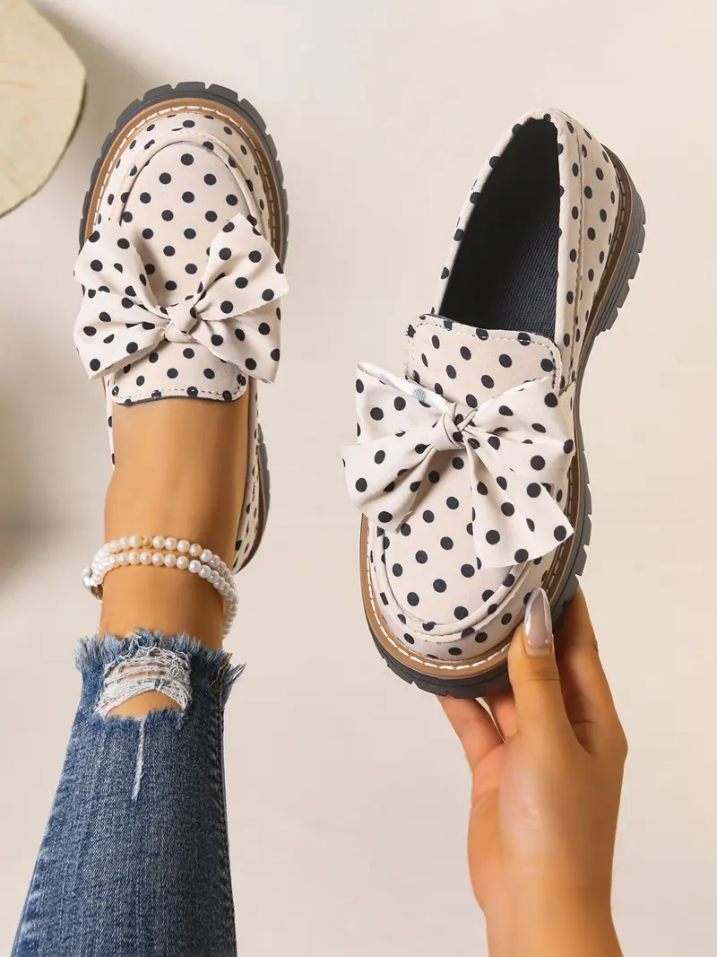 2026 Spring Summer Polka Dot Bow Tie British Style Classic Flatform Loafers Thick Sole Women's Leather Shoes