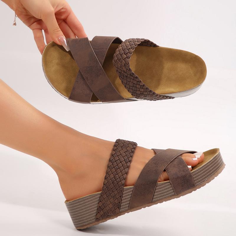 Women Sandals Beach Sandals Slip-On Rubber Sole Thick Bottom Braided Cross Casual Solid Color Slippers