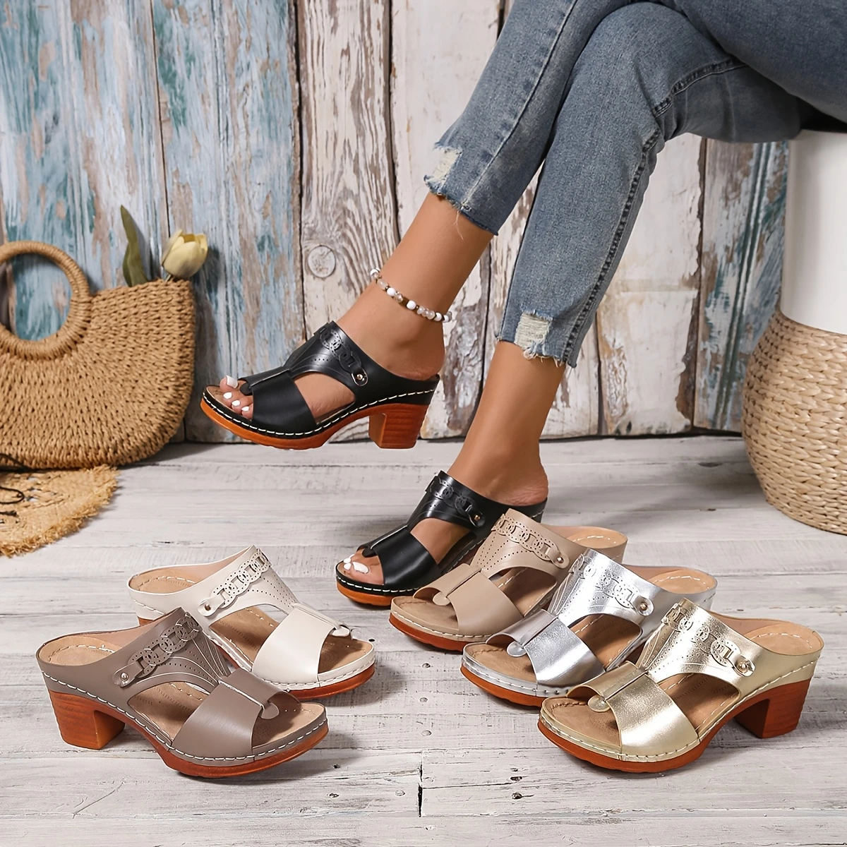 Elegant Comfortable High-Heeled Sandals - Women's Thick-Heeled Sports Open-Toe Shoes with Ankle Straps, Casual Out Shoes, Elegant Style