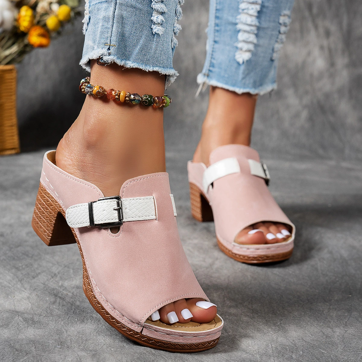 Women's Adjustable Hook-and-Loop Strappy Wedge Sandals - Open Toe Thick Sole with Double Buckle Design, Faux Cover Upper & PU Sole