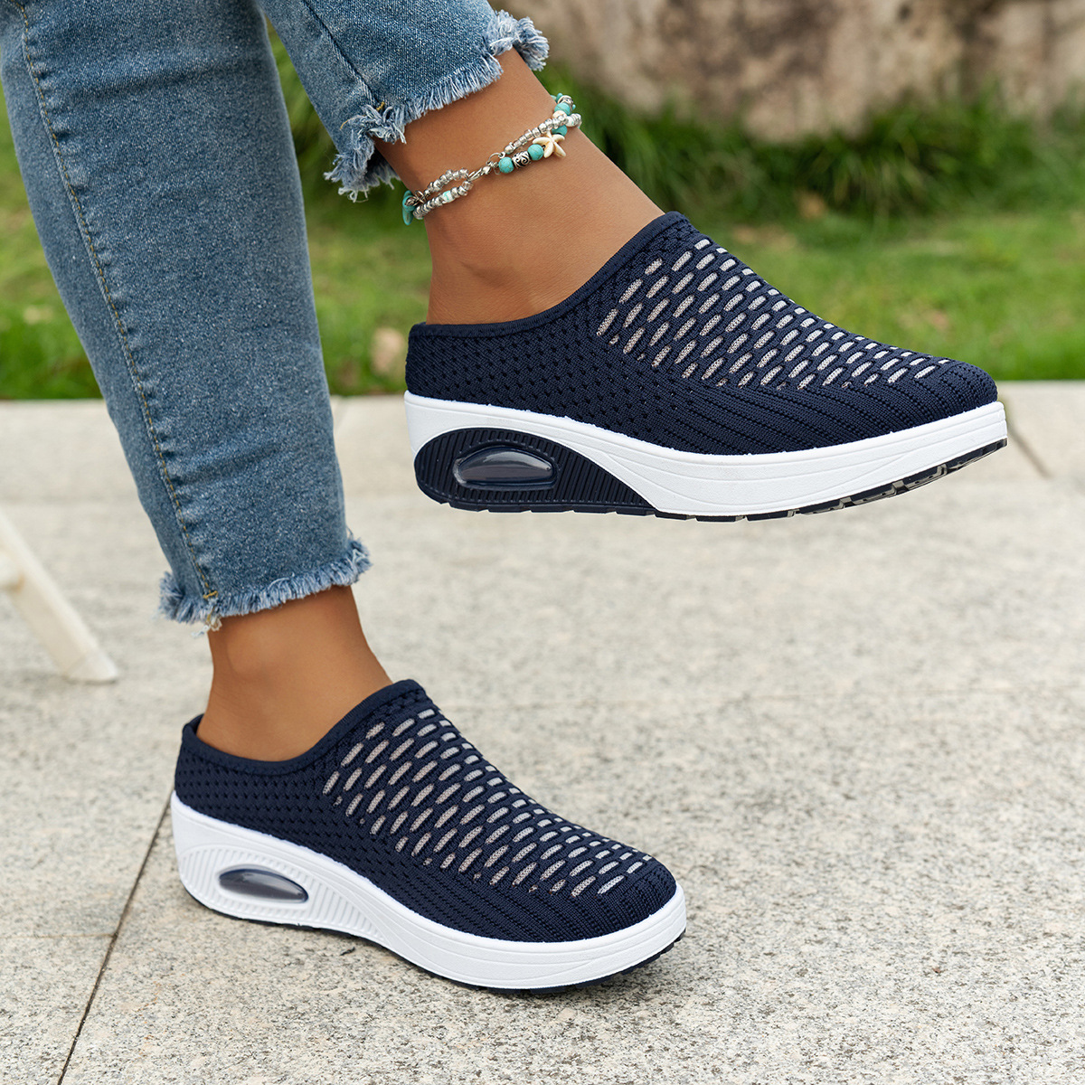  Hands-Free Slip-On Sneakers - Lightweight Knit Upper, EVA Cushioned Sole, Breathable Casual Walking Shoes in Blue with Mesh Pattern