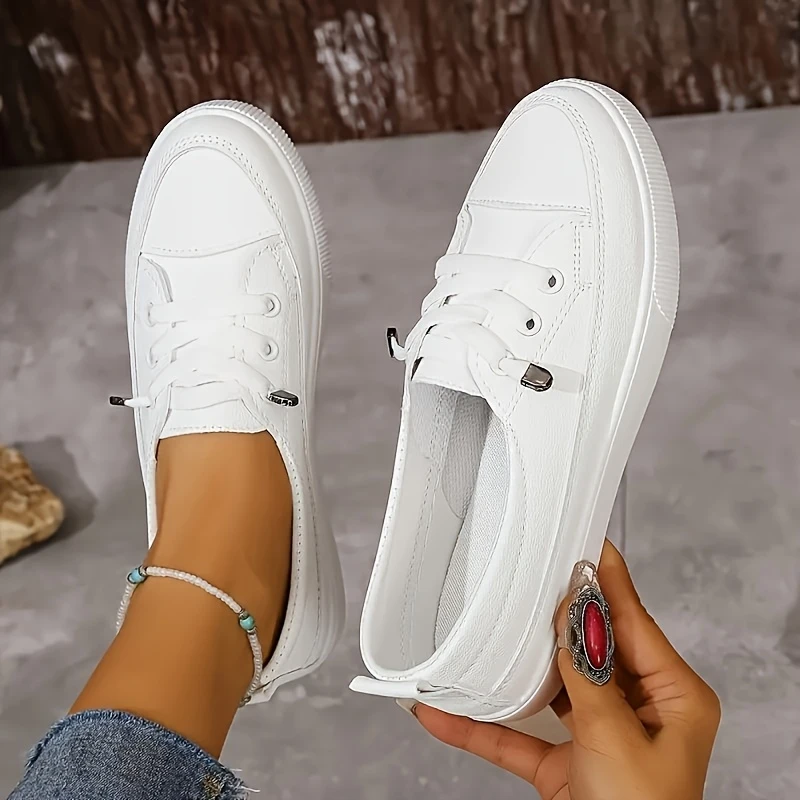 Comfortable White Low-Top Casual Sneakers - Versatile Slip-On Skate Shoes with Rubber Sole, Lace-Up Design & Round Toe for Casual Attire