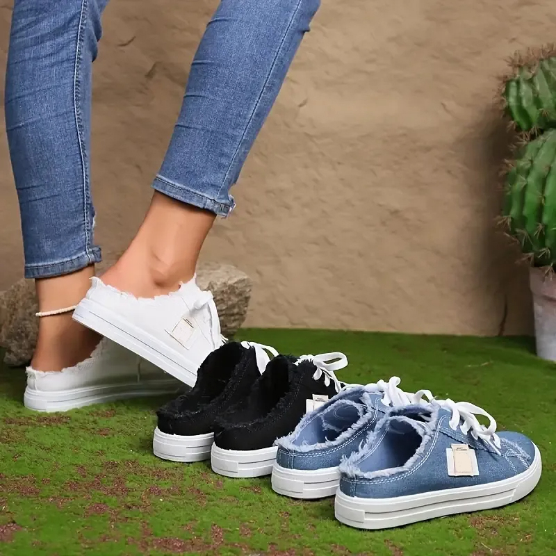 Women's Simple Canvas Shoes, Casual Lace Up Mule Sneakers, Lightweight & Comfortable Shoes