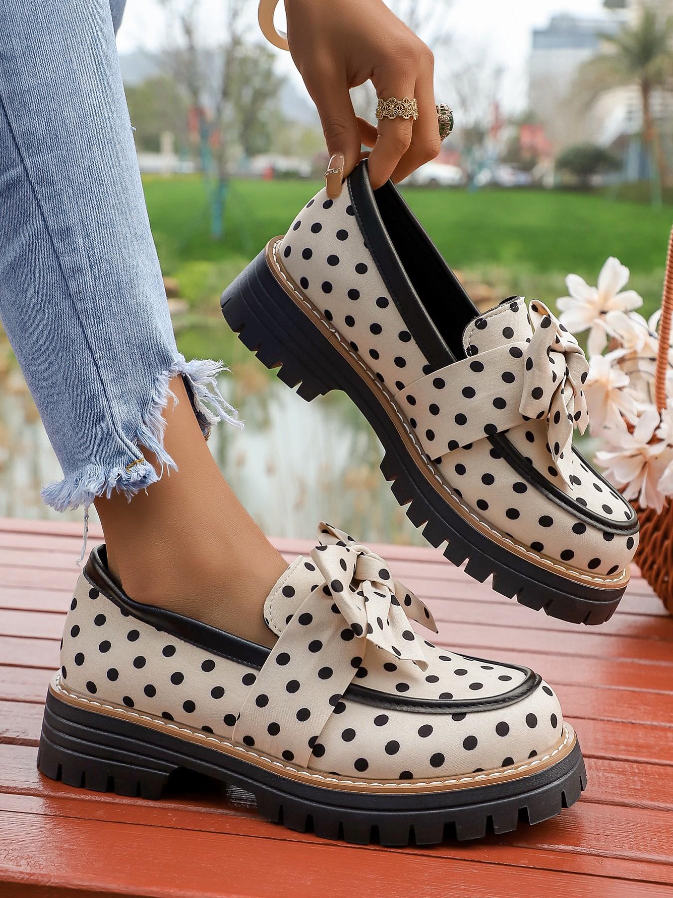 2026 Spring Summer Polka Dot Bow Tie British Style Classic Flatform Loafers Thick Sole Women's Leather Shoes