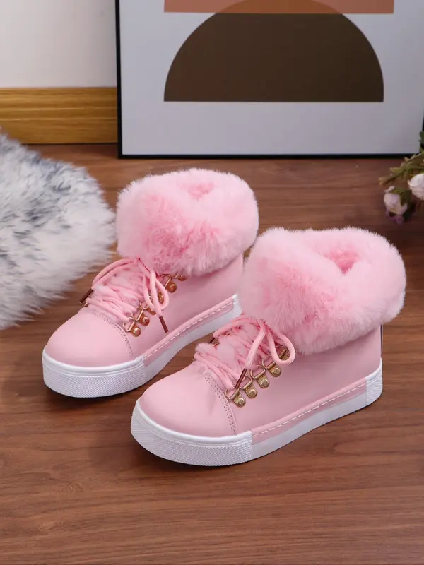 New Style Women's Solid Color Lace Up Ankle Boots Casual Warm Plush Design Boots for Fall & Winter