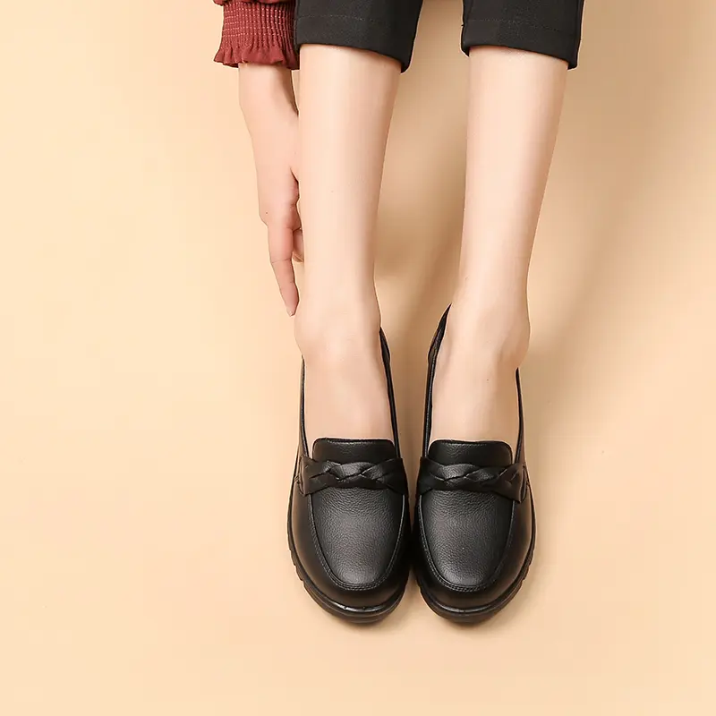 Women's Black Slip-On Work Flats with Braided Detail Non-Slip Comfort Sole Soft Cushioned Insole 