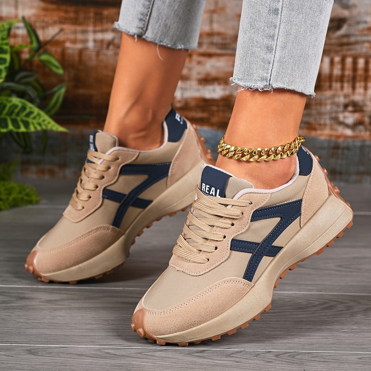 Women's Sporty Thick Sole Low-Top Shoes, Fashion Casual Breathable Round Toe Lace-Up Shoes