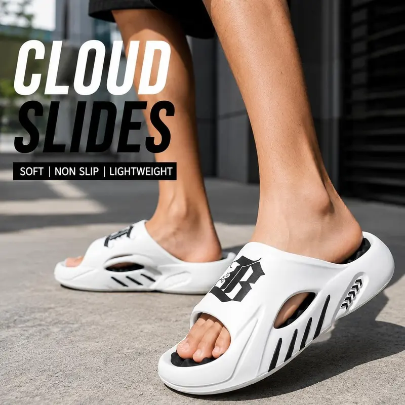 Men's Cloud Slides - Thick-Sole, Non-Slip, Cushioned Sporty Slippers, Summer Indoor-Outdoor Beach Walking Shoes 