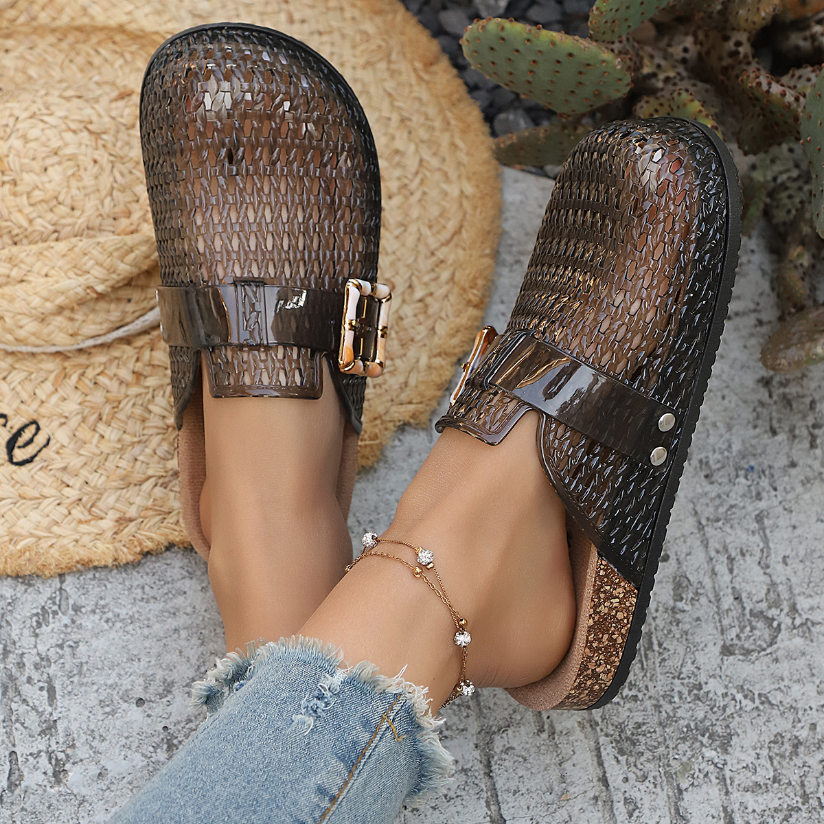 Women's Pearl Sequin Hollow Out Woven Mule Sandals, Casual Breathable Design Slip On Mules, Shoes Mules