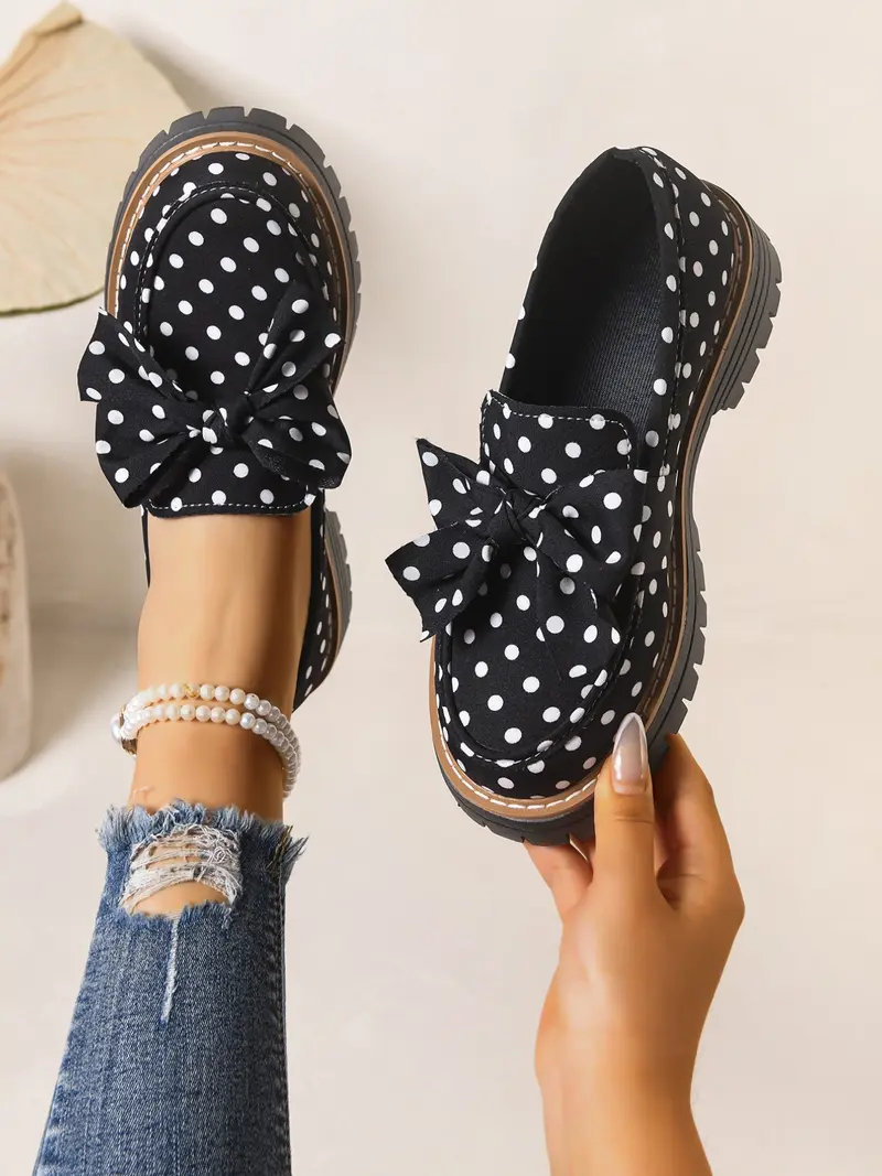 2026 Spring Summer Polka Dot Bow Tie British Style Classic Flatform Loafers Thick Sole Women's Leather Shoes