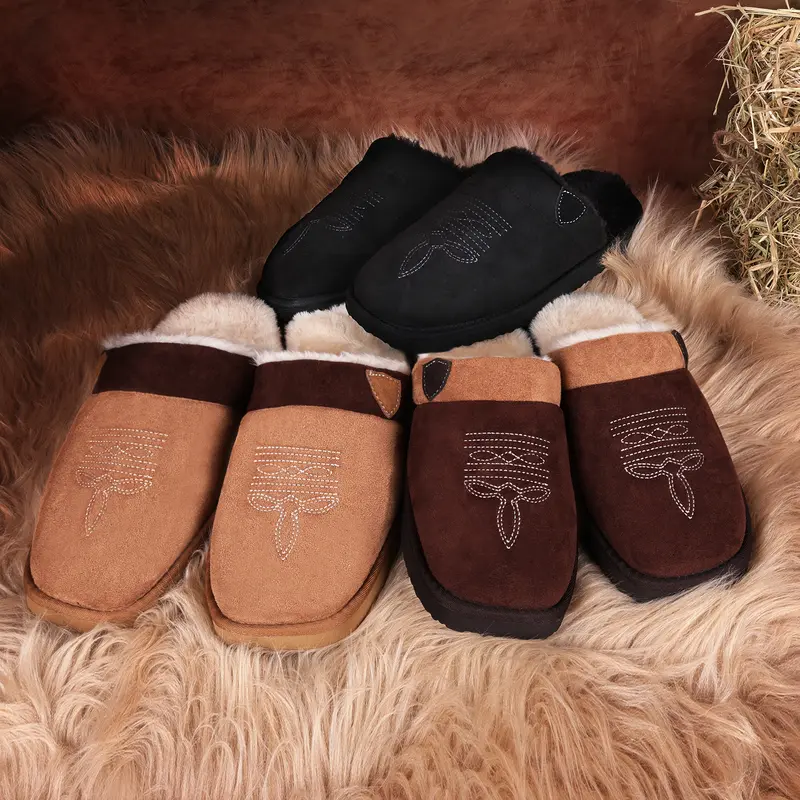  Western House Slippers Indoor & Outdoor Square Toe Chestnut Soft Cowboy Boot Slippers 