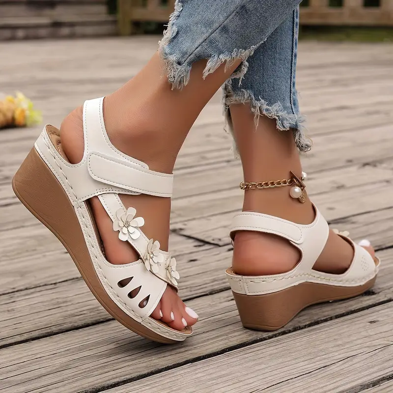 Women's Solid Color Stylish Sandals, Platform Floral Soft Sole Walking Shoes, Comfort Wedge Vacation Shoes