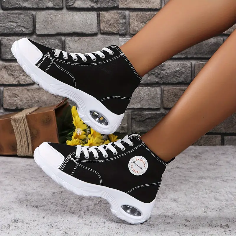 Women's lightweight canvas sneakers - comfortable high-top casual shoe with air cushioned sole and lace-up closure