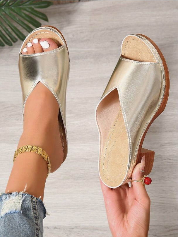 Women's Chunky Heel Slide Sandals, Black Open Toe Summer New Fashion Outdoor Wear Slippers, Gold Ladies Platform Wedge Strap Casual Mules
