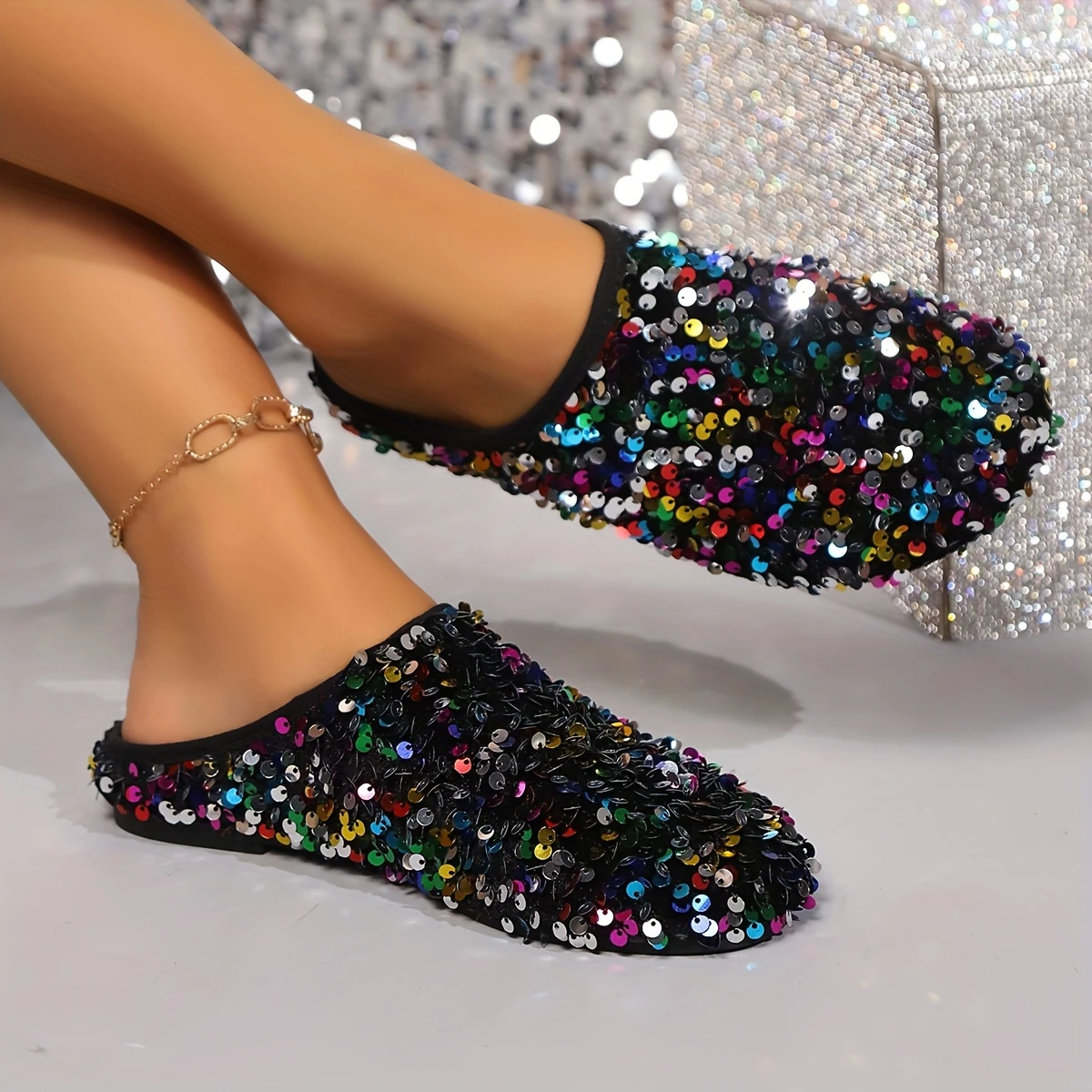Breathable Sequin Half-Slip Flats - Comfortable Women's Shoes - TPR Sole