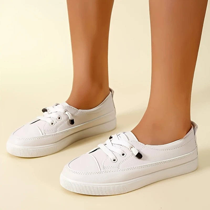 Comfortable White Low-Top Casual Sneakers - Versatile Slip-On Skate Shoes with Rubber Sole, Lace-Up Design & Round Toe for Casual Attire