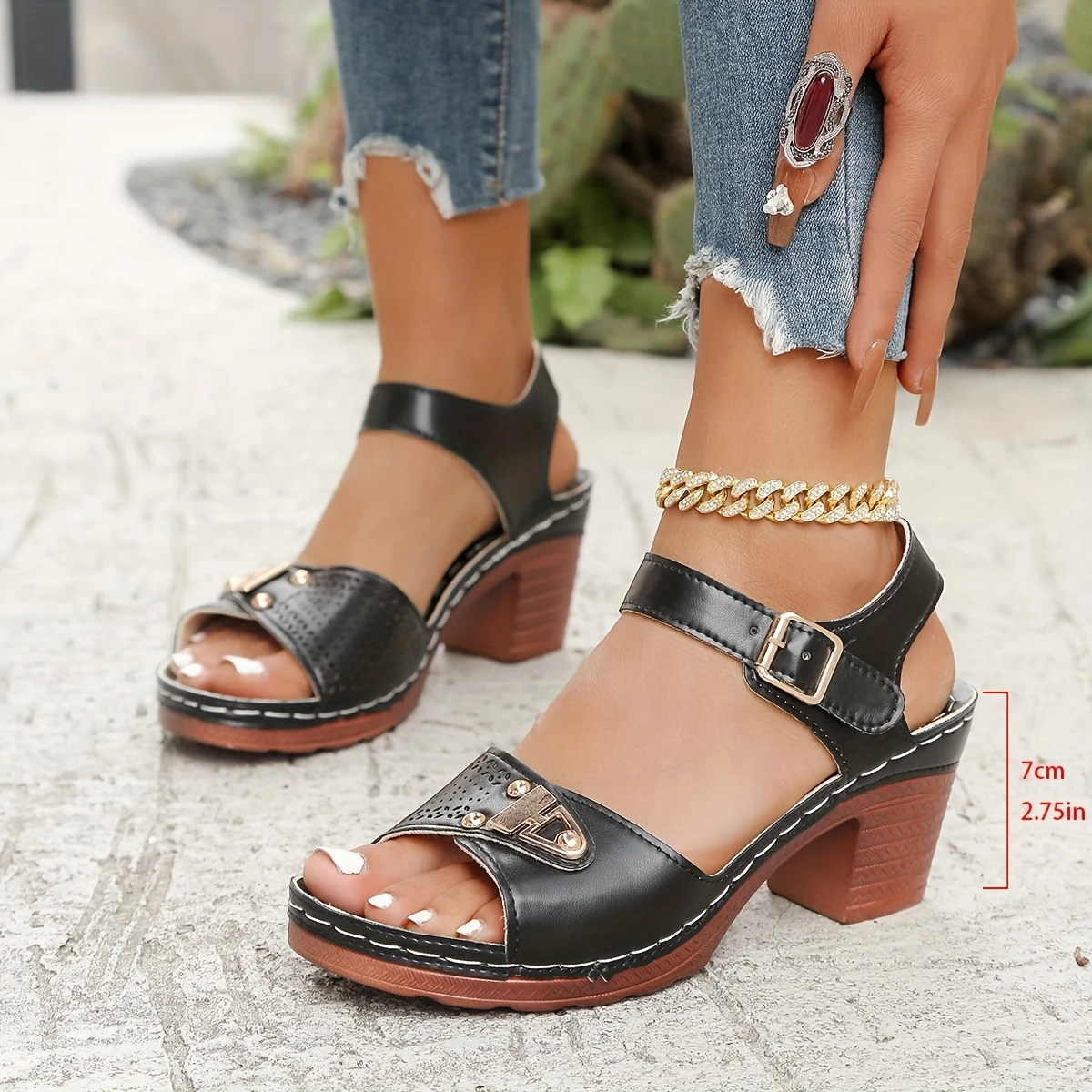 Women'S orthopedic Wedge Shoes - Peep Toe, Synthetic Upper with Golden Buckle shoes