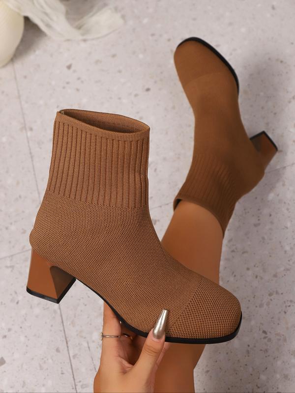 Women's Fashion Knit Solid Color Short Boots, Comfortable Elegant Chunky Heel Slip-On Ankle Boots, Versatile Square Toe Casual Socks Boots