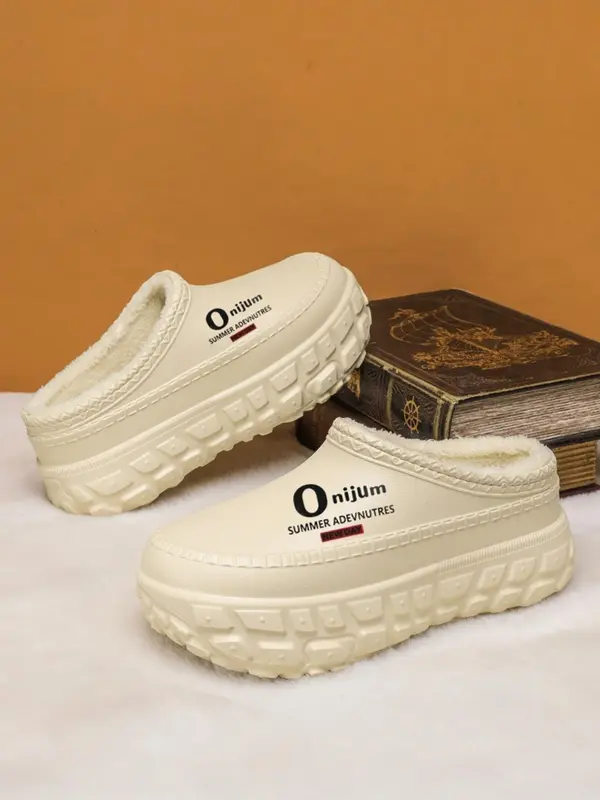 Men's Letter Pattern Plush WarmSlippers,Casual Comfortable Home Slippers,Non-slip Thick Sole Slippers for Indoor & OutdoorWear