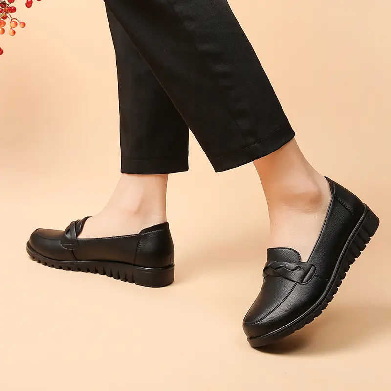 Women's Black Slip-On Work Flats with Braided Detail Non-Slip Comfort Sole Soft Cushioned Insole 