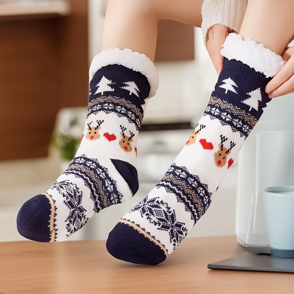 1 Pair of Christmas Plush-lined Thermal Socks, Soft and Comfortable Mid-calf Socks, Women's House Slippers and Socks