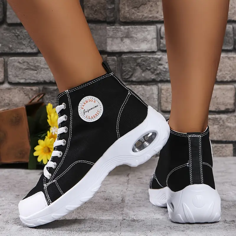 Women's lightweight canvas sneakers - comfortable high-top casual shoe with air cushioned sole and lace-up closure