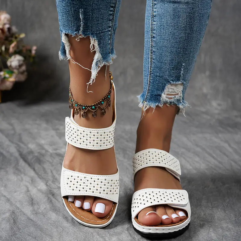 Women's casual solid-color wedge heel sandals, comfortable thick-soled open-toe contrasting sandals, bright diamond-encrusted women's shoes